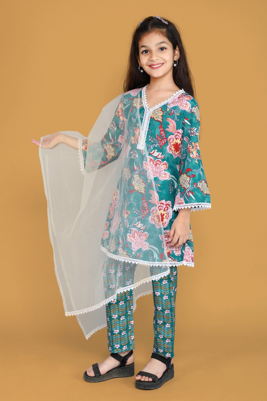 Lnaaya Lovely Teal And Pink Floral Print Kurt Set
