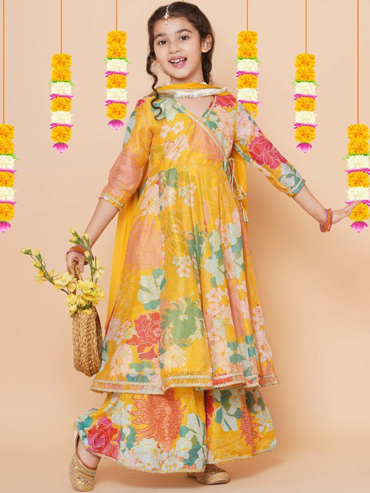 Pihu Yellow Printed Codding Anarkali Kurt Set With Dupatta