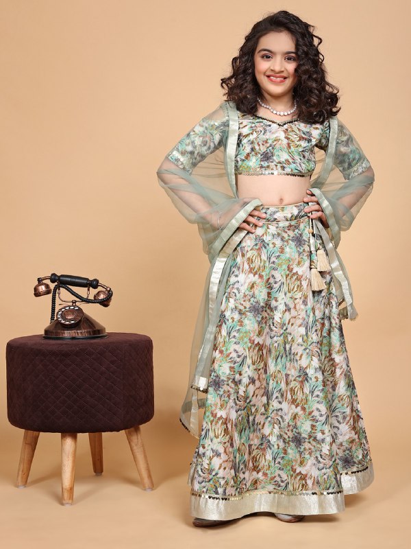 Anovia Mint Green Printed Chiffon Girls Lehenga Choli Set