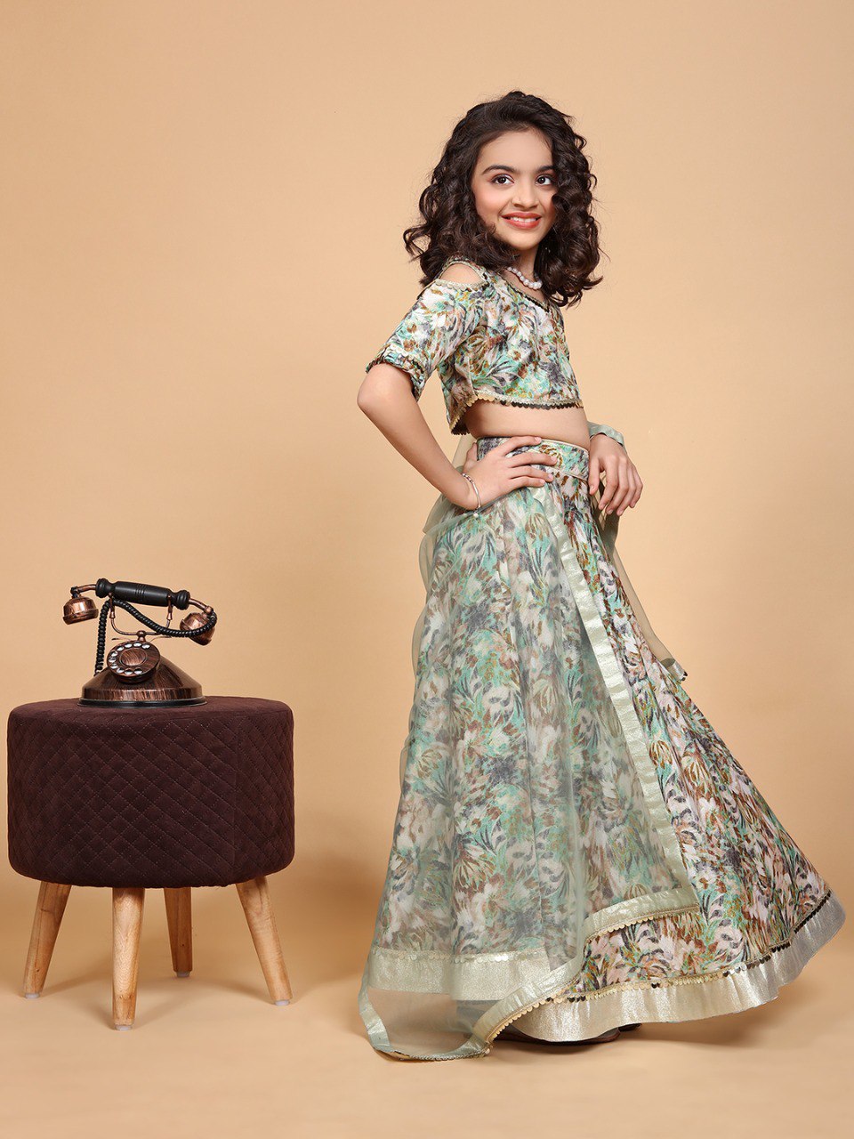 Anovia Mint Green Printed Chiffon Girls Lehenga Choli Set