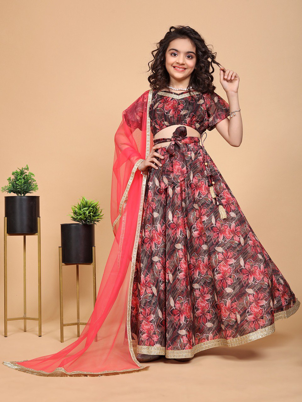 Elira Maroon Printed Girls Lehenga Choli Set