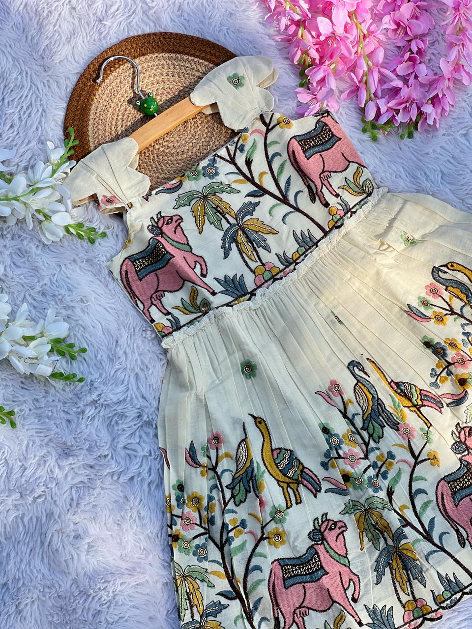 Luxurious Pure Cotton Cow Embroidery Work Kids Frock