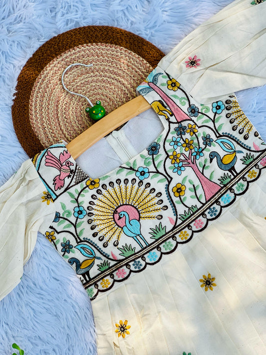 Scarlet Awesome Embroidery Work On Khadi Cotton Fabric Kids Frock