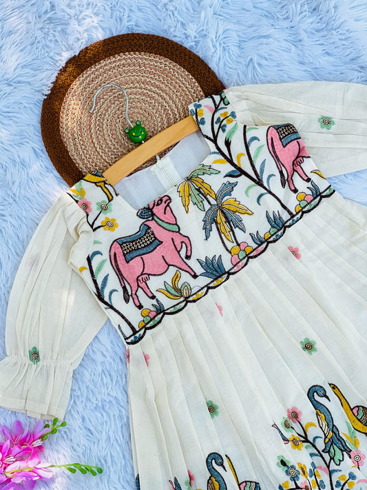 Exquisite Embroidery Work Pure Khadi Cotton Kids Sleeve Frock