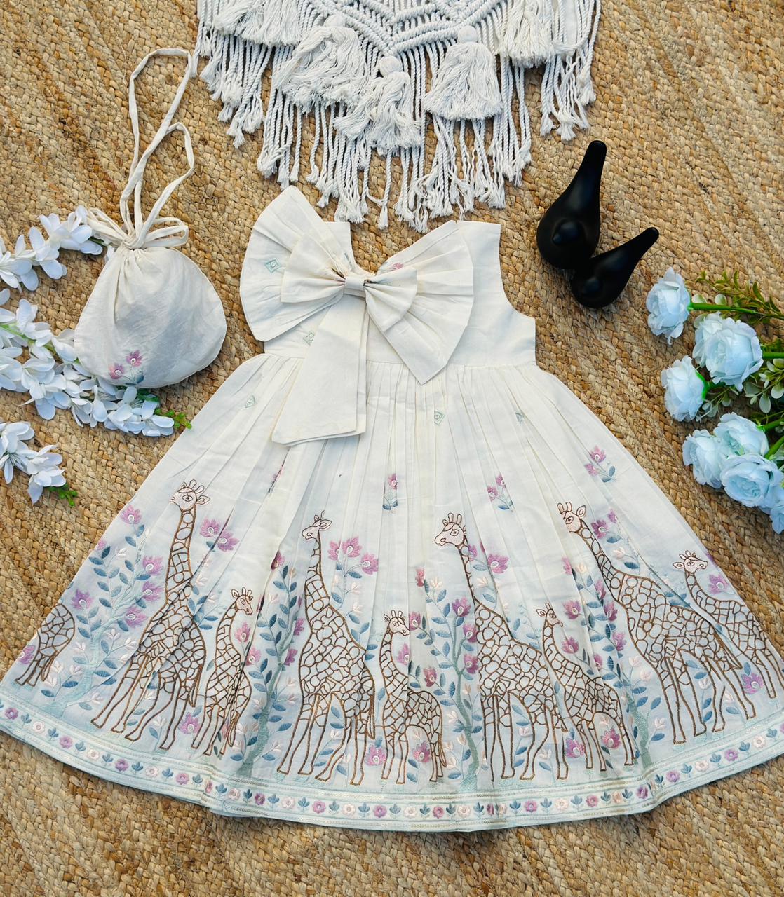 Giraffe Garden Hand-Embroidered Kids Frock