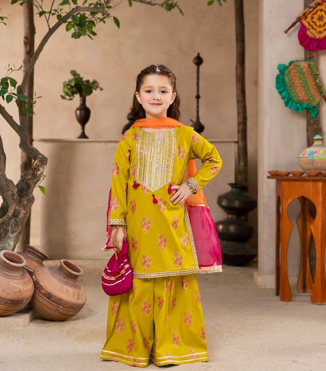Mustard Floral Sharara Set for Baby Girls