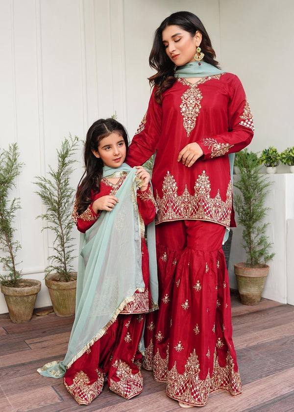 Zariya Red Mother-Daughter Sharara Set