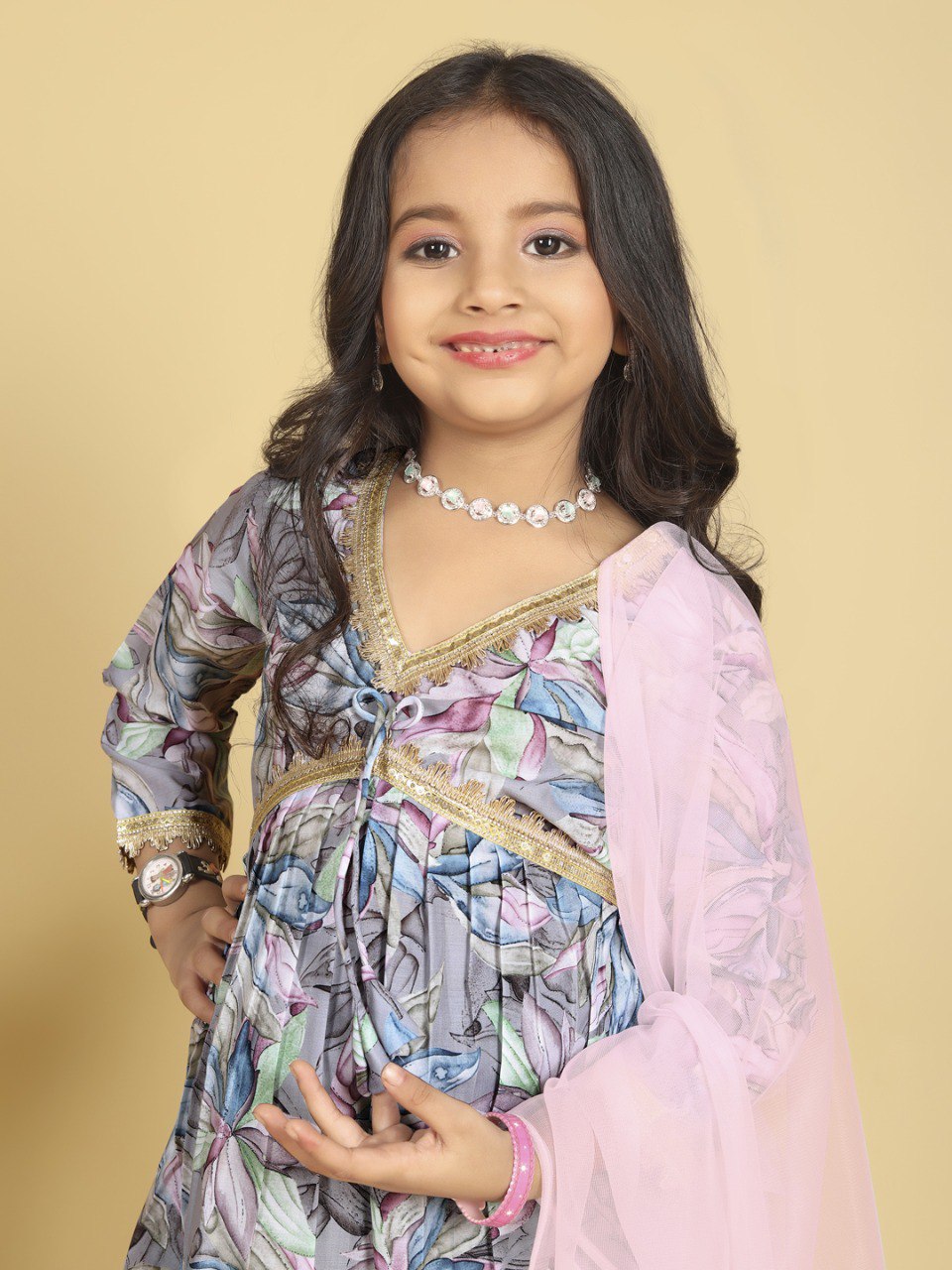 Festive Floral Kurti Pant Set with Pink Dupatta