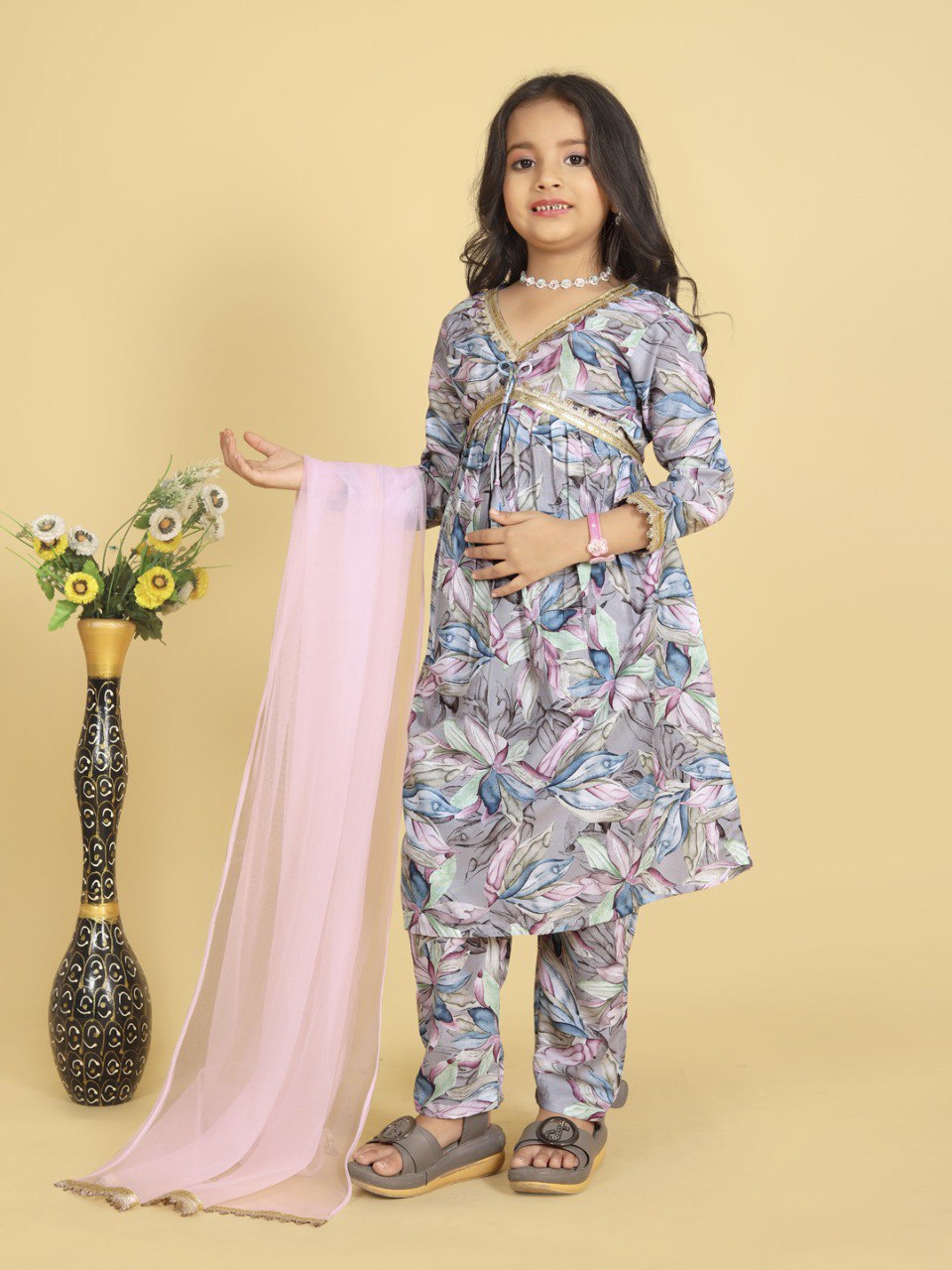 Festive Floral Kurti Pant Set with Pink Dupatta
