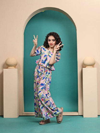 Kushi Multicolour Printed Crop Top And Plazzo Set