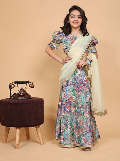 Zeni  Multi colour Chinon Girls Lehenga Choli Set