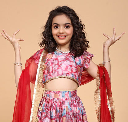 Solina Pink Chinon Printed Gota Lace Lehenga Choli Set