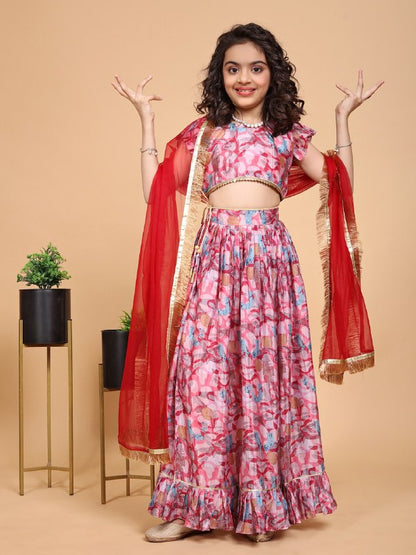Solina Pink Chinon Printed Gota Lace Lehenga Choli Set