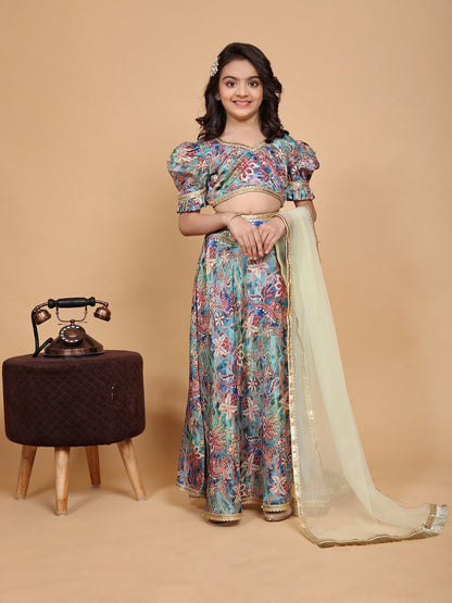 Zeni  Multi colour Chinon Girls Lehenga Choli Set