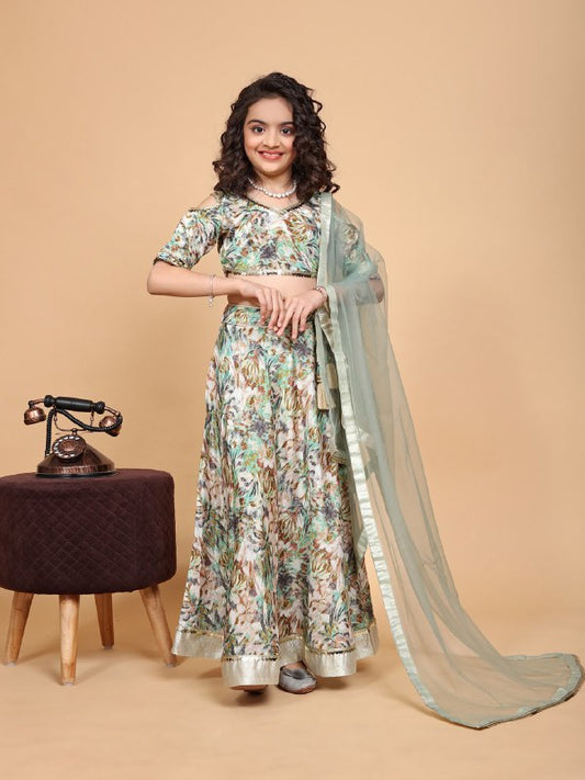Anovia Mint Green  Printed Chiffon Girls Lehenga Choli Set