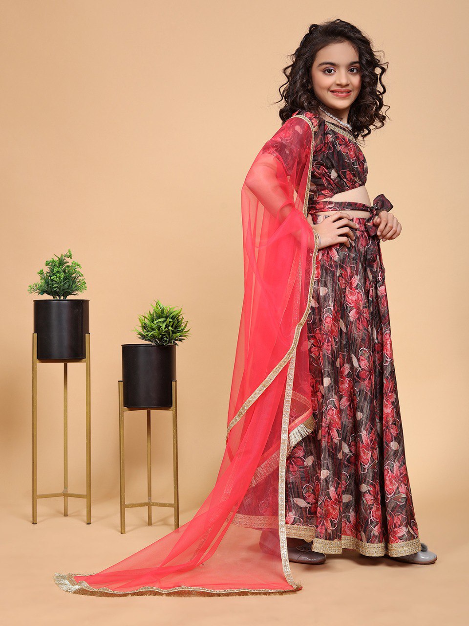 Elira Maroon Printed Girls Lehenga Choli Set