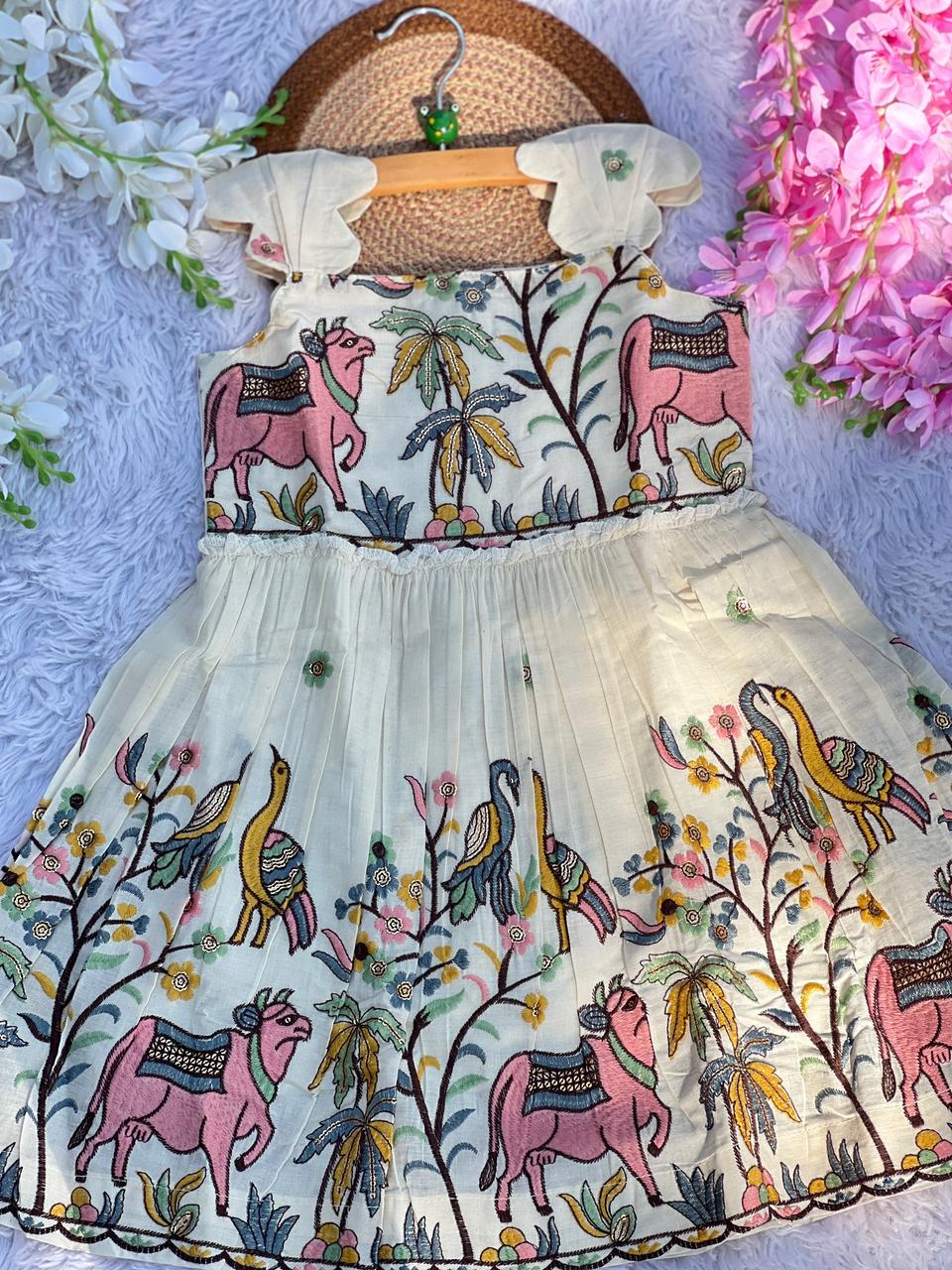 Luxurious Pure Cotton Cow Embroidery Work Kids Frock