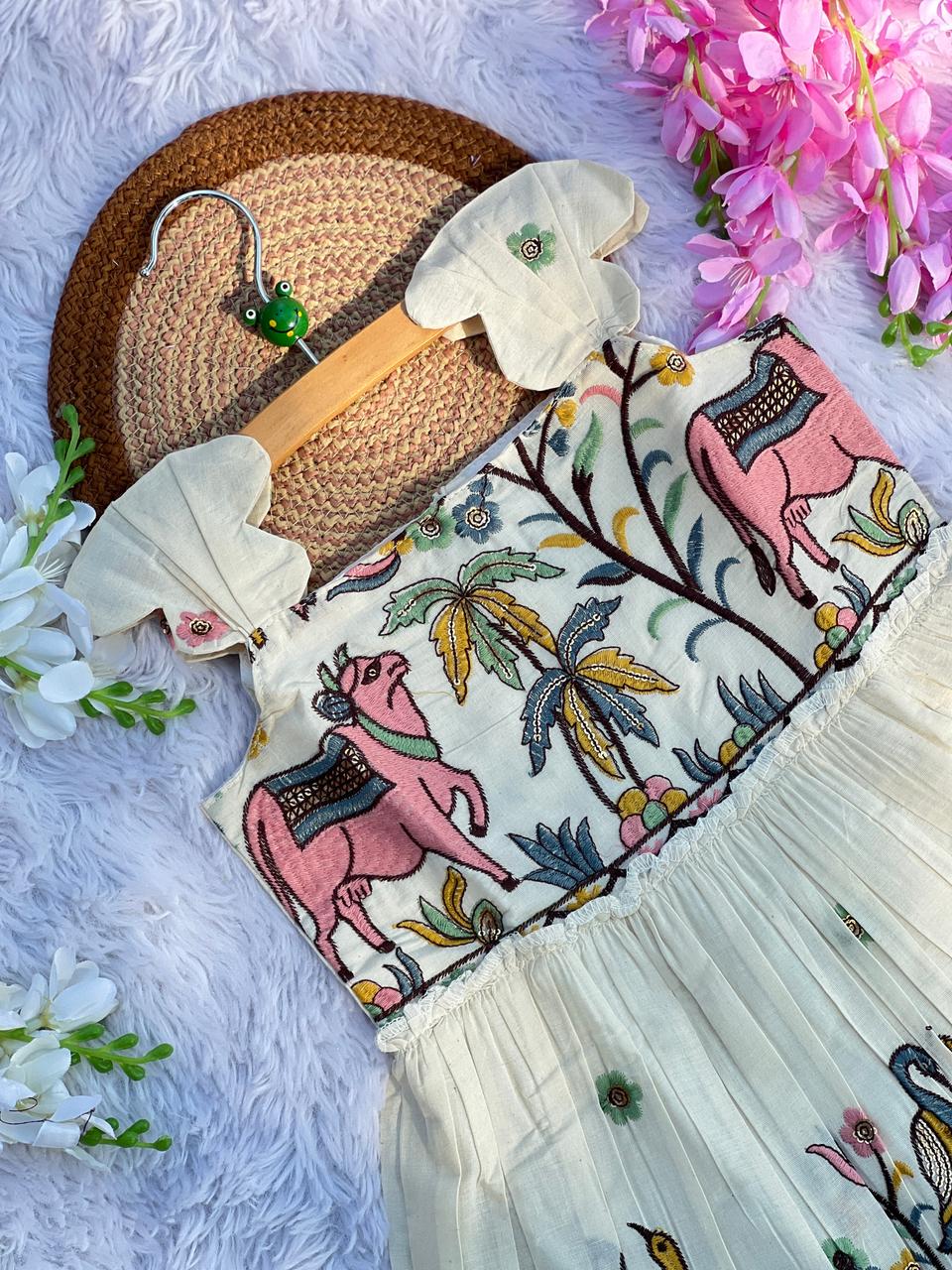 Luxurious Pure Cotton Cow Embroidery Work Kids Frock