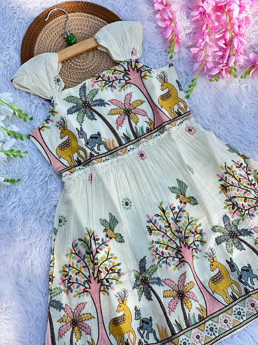 Brownish Hiran Embroidery Work on Khadi Cotton Fabric Kids Frock