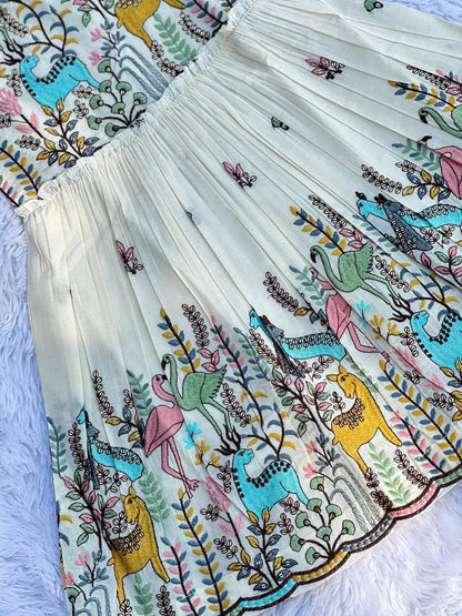 Magestic Heavy Zoo Embroidery Work on Khadi Cotton Fabric Kids Frock