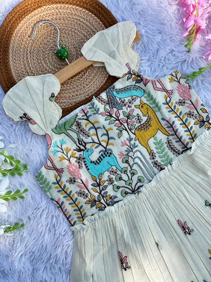 Magestic Heavy Zoo Embroidery Work on Khadi Cotton Fabric Kids Frock