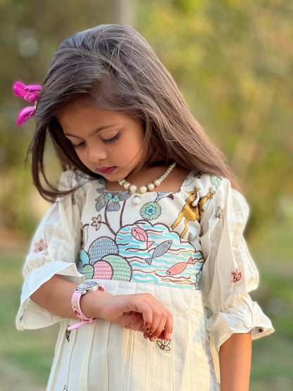 Byzantine Pure Cotton Threads Work Full Flair Attached Puffy Sleeves Kids Frock