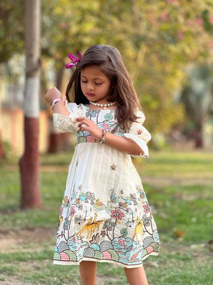 Byzantine Pure Cotton Threads Work Full Flair Attached Puffy Sleeves Kids Frock