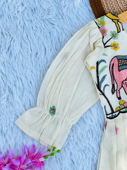 Exquisite  Embroidery Work Pure Khadi Cotton Kids Sleeve Frock