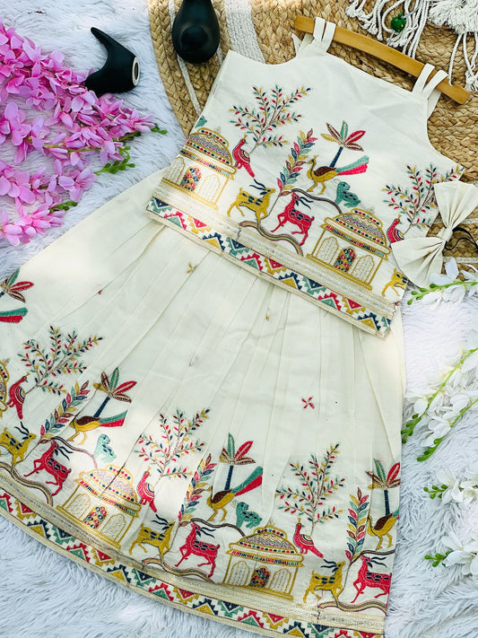 Exquisite Embroidery Work on Khadi Cotton Fabric Kids Lahenga Choli