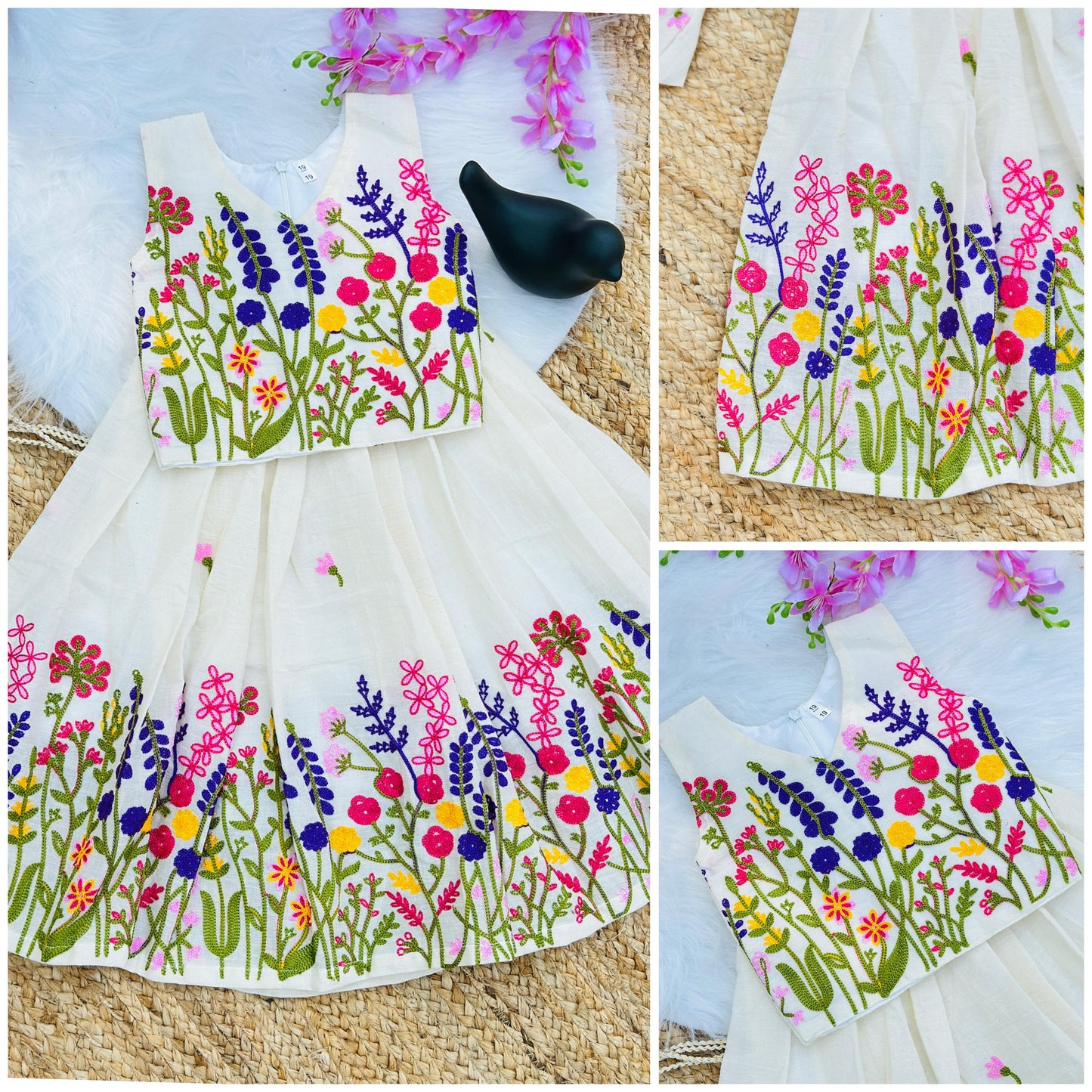 Innovative Flower Work Pure Kora Cotton Lehengha and Top for Kids