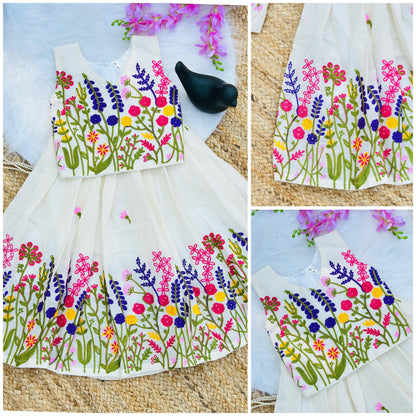 Innovative Flower Work Pure Kora Cotton Lehengha and Top for Kids