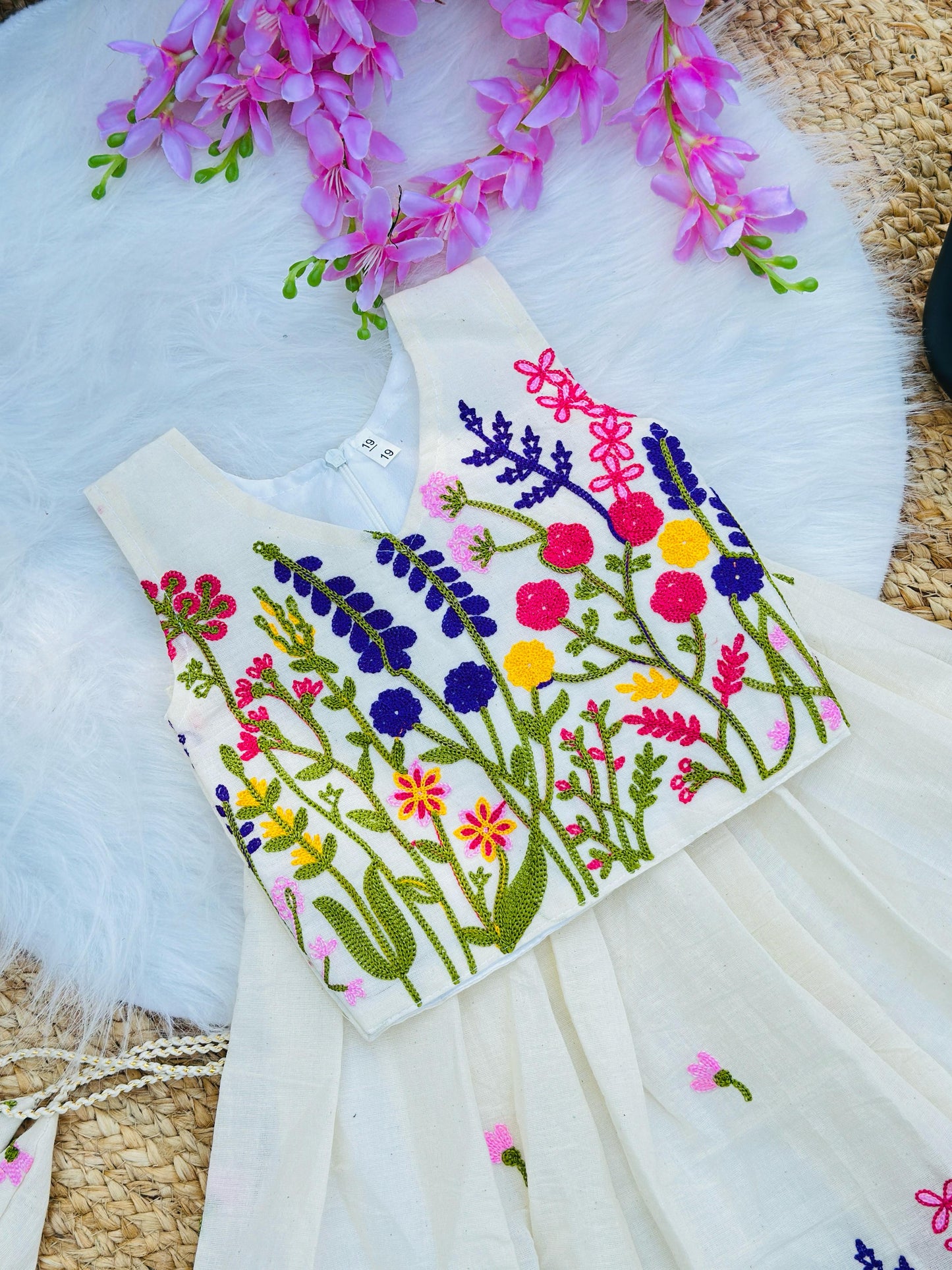 Innovative Flower Work Pure Kora Cotton Lehengha and Top for Kids