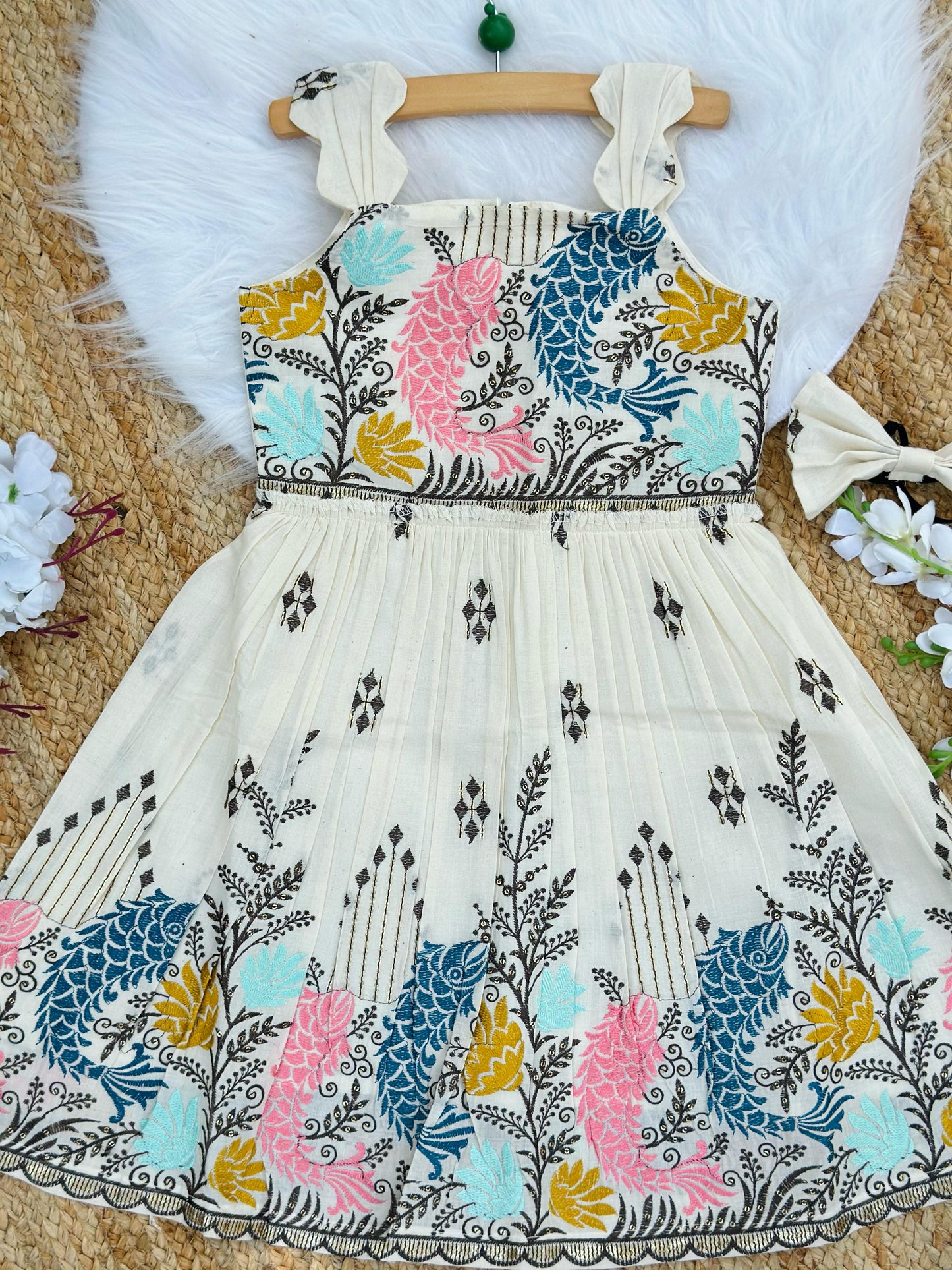 Pearlesecnt Embroidery Work on Khadi Cotton Fabric Kids Frock