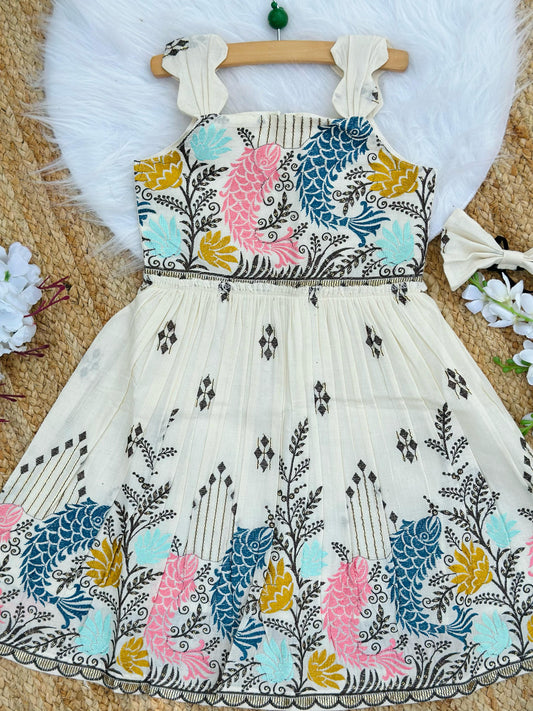 Pearlesecnt Embroidery Work on Khadi Cotton Fabric Kids Frock