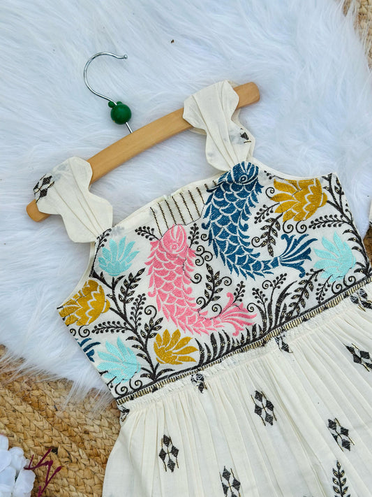Pearlesecnt Embroidery Work on Khadi Cotton Fabric Kids Frock
