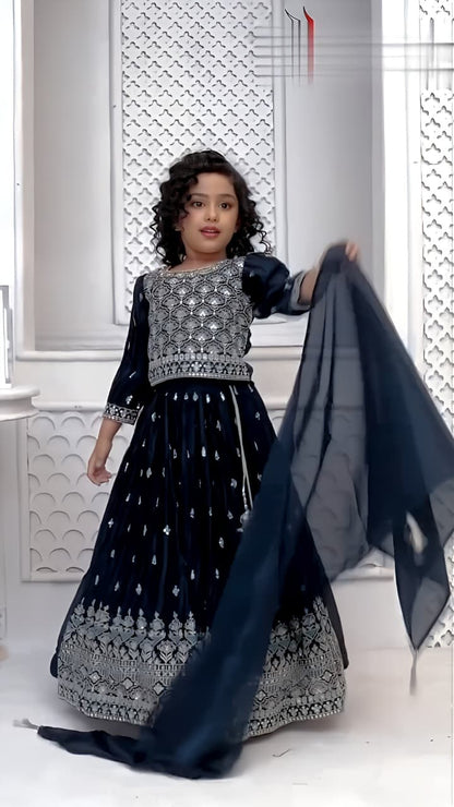 Little Diva's Royal Blue Embroidered Lahenga Set