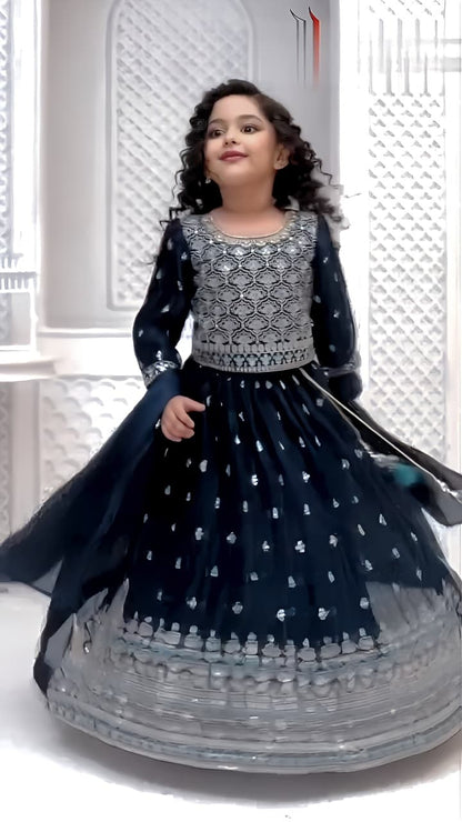 Little Diva's Royal Blue Embroidered Lahenga Set