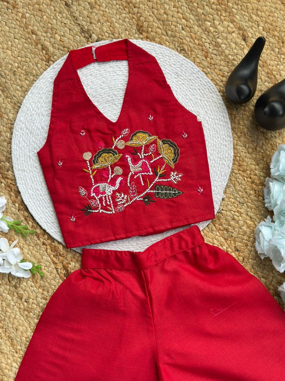 Trending Premium Pure Cotton Fabric With Hand Work Kids Cord-Set