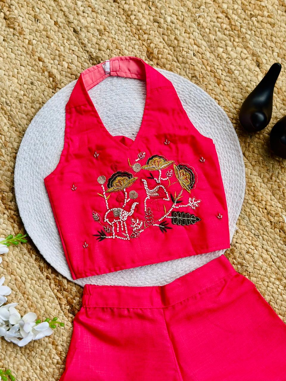 Trending Premium Pure Cotton Fabric With Hand Work Kids Cord-Set