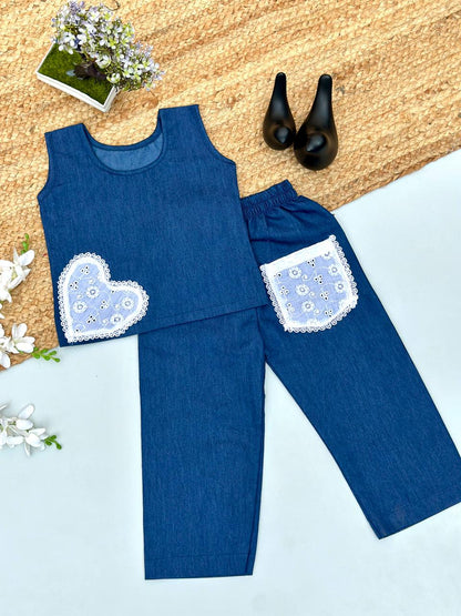 Girls Denim Co-ord Set with Lace Heart & Pocket