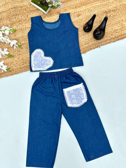 Girls Denim Co-ord Set with Lace Heart & Pocket