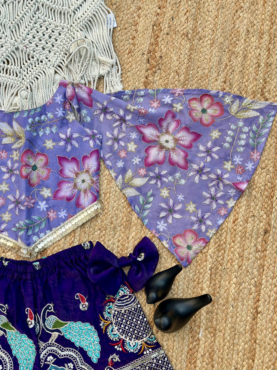 Floral Bell-Sleeve Crop Top with Ethnic Palazzo for Girls