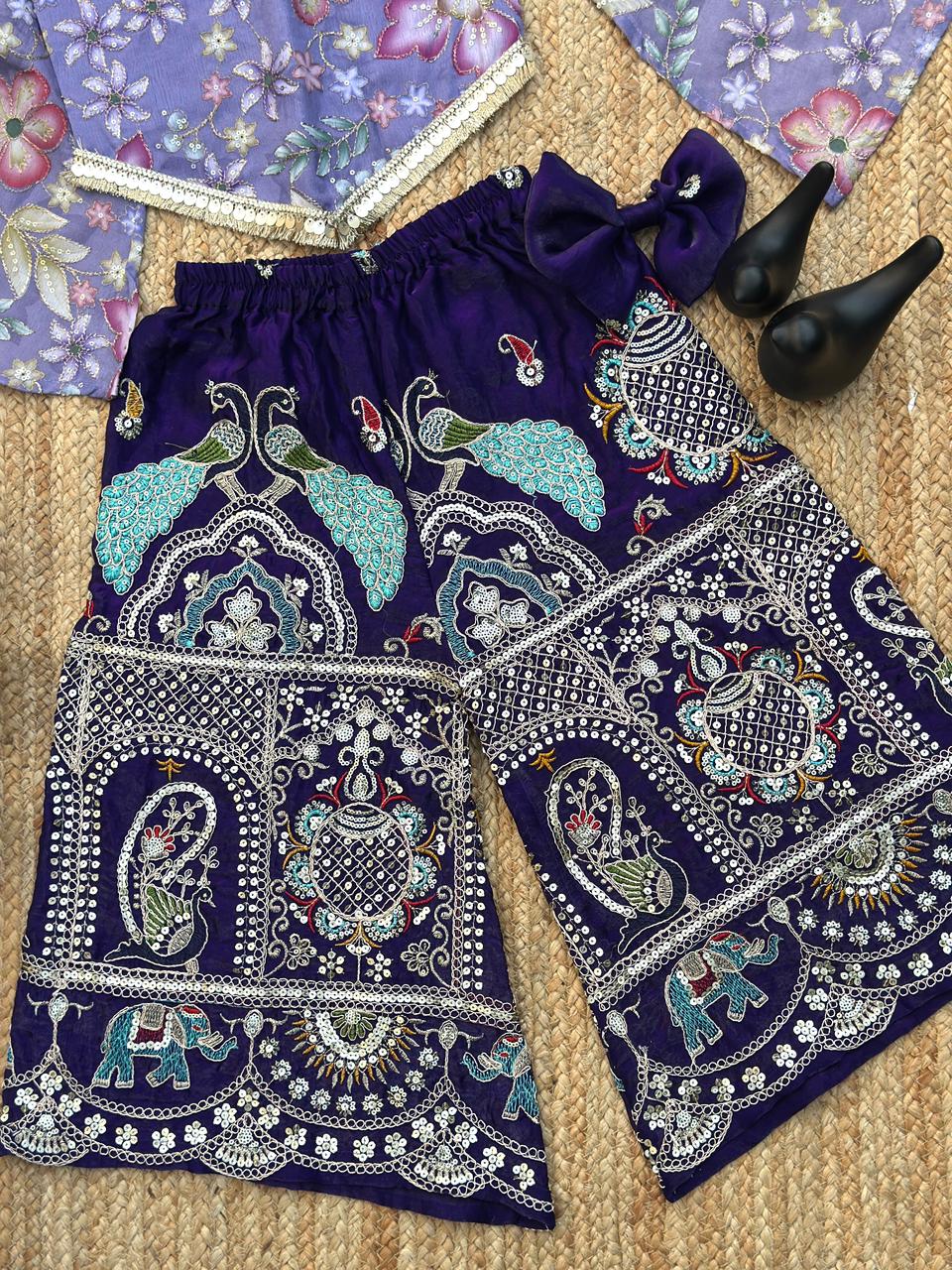 Floral Bell-Sleeve Crop Top with Ethnic Palazzo for Girls