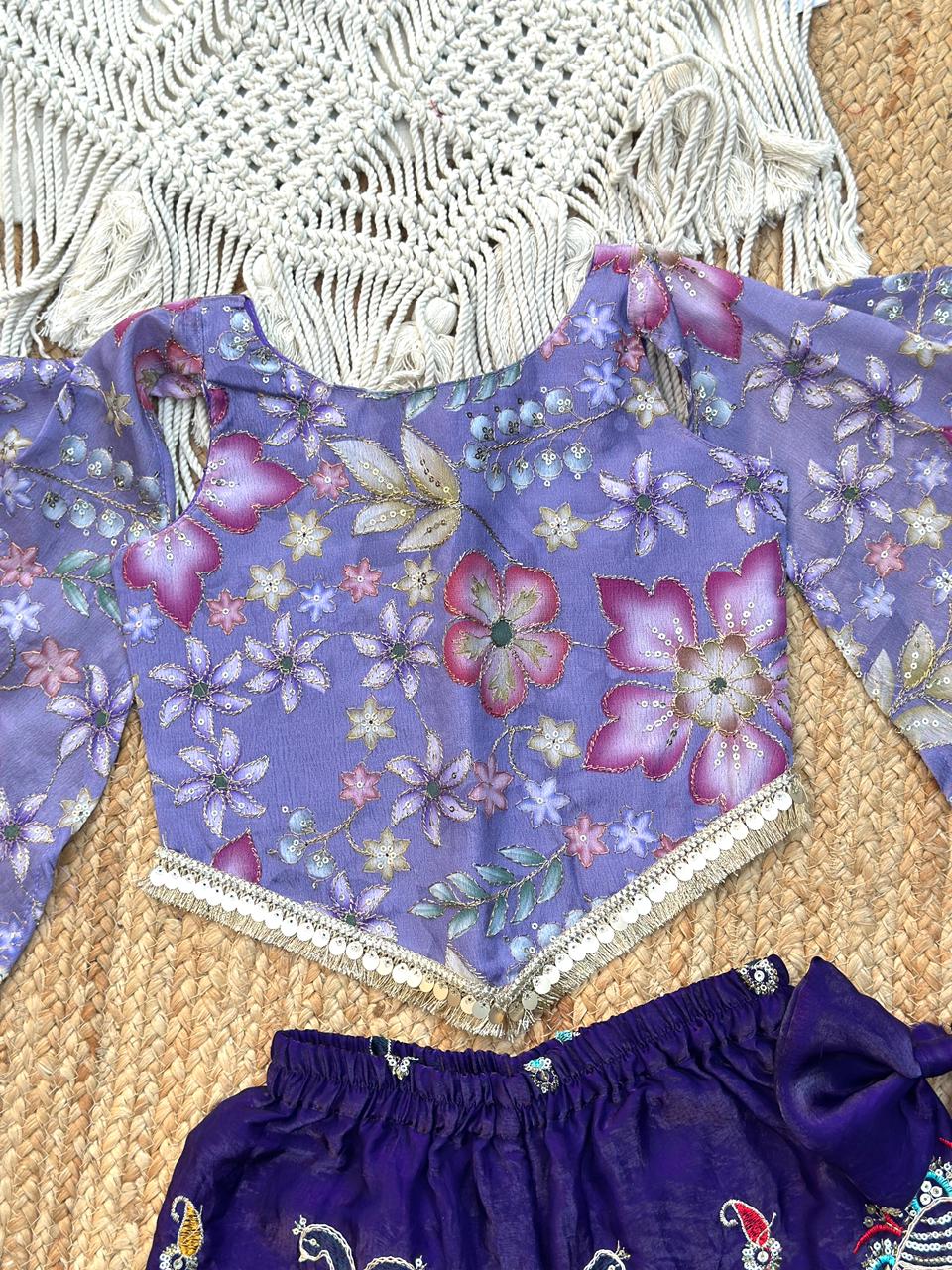 Floral Bell-Sleeve Crop Top with Ethnic Palazzo for Girls