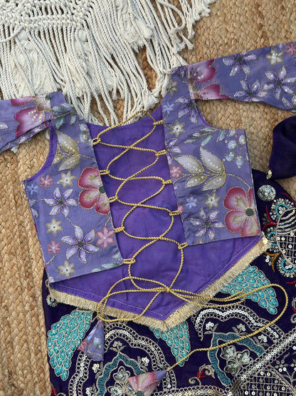 Floral Bell-Sleeve Crop Top with Ethnic Palazzo for Girls