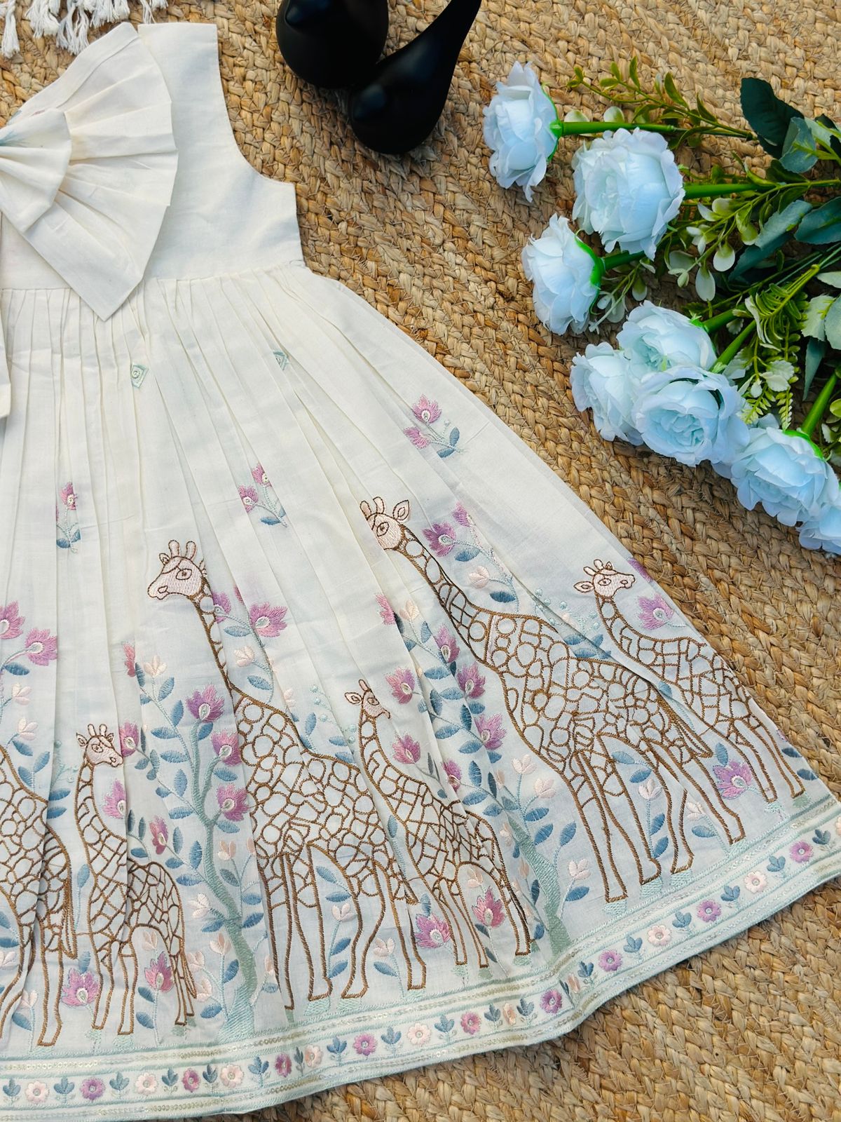 Giraffe Garden Hand-Embroidered Kids Frock