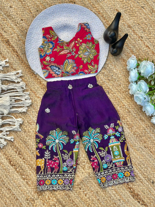 Girls Position Printed Crop Top & Hand-Embroidered Bottom Set