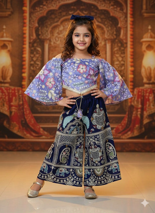 Floral Bell-Sleeve Crop Top with Ethnic Palazzo for Girls