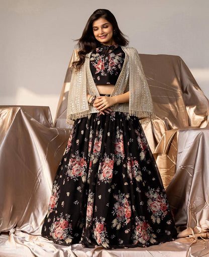Black Georgette Lehenga Choli With Print