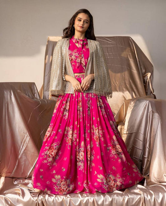 Pink Georgette Lehenga Choli With Print
